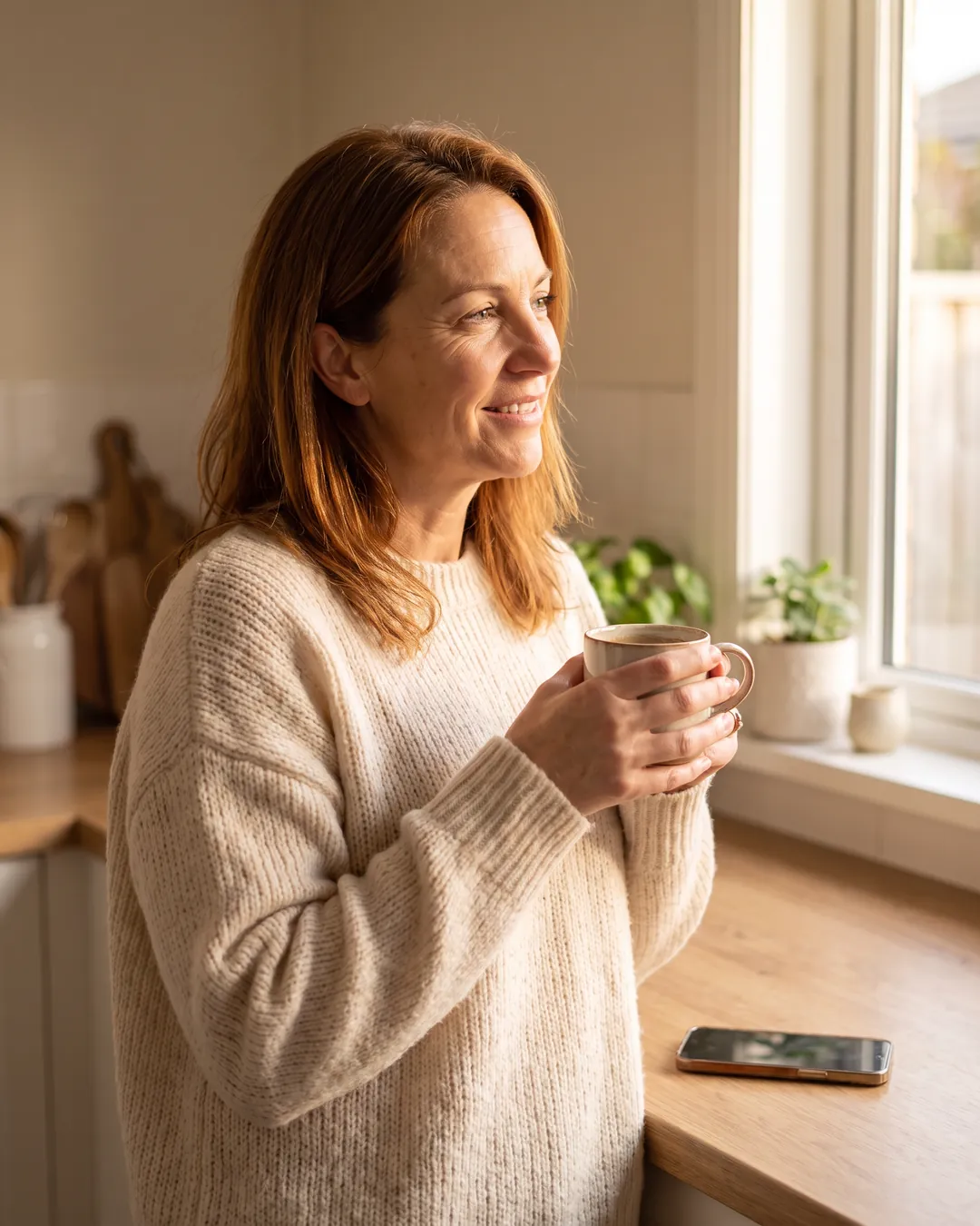 The same woman in the morning, smiling with a mug of coffee by a sunny window